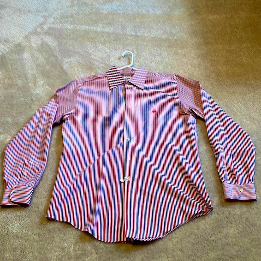 Men’s Brooks Brothers Regent Dress shirt. Pink w/ blue/white stripes. Size MED